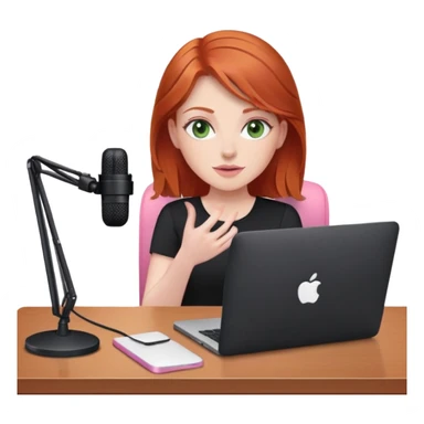 Redhead with green eyes sat at desk with pink MacBook and  podcast microphone black top and pink chair  sticker