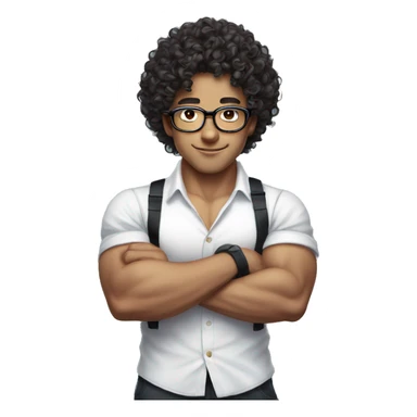 curly hair show biceps asian glasses white shirt braces sticker