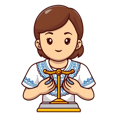 A Ukrainian girl with brown hair in an embroidered shirt holds the scales of truth in her hand sticker