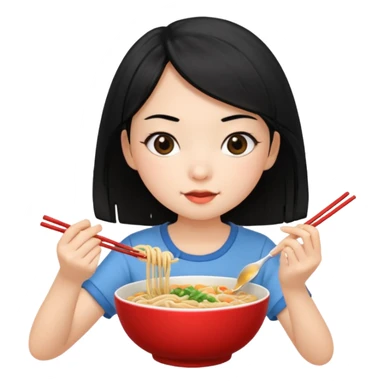 girl with black hair in short sleeves eating noodles with a spoon and chopsticks sticker