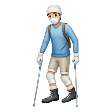 una hombre con el pie vendado en  muletas para lesionados con unos patines de hielo en la mano y cara de lesión 
 sticker