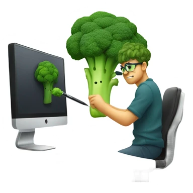 Generate a creative broccoli emoji sitting in front of a computer with a stylus, designing something on a screen. sticker