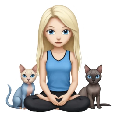 girl with long split-dye hair half blonde half black and blue eyes sitting with two grey sphynx cats emoji style sticker