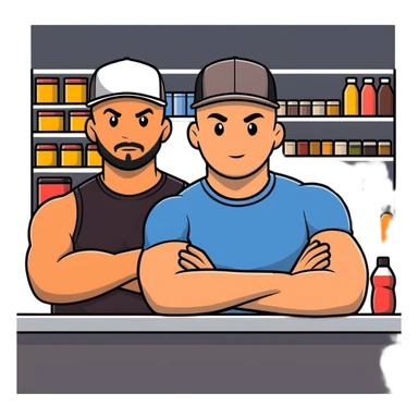 Bald heavyset Hispanic man, and a muscular bald guy in trucker hat standing at a counter in a store sticker