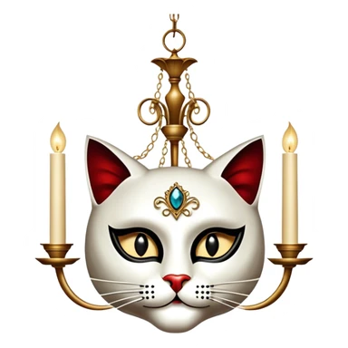 Icon for Musical Movie: A vintage movie poster-style design inspired by Cats or The Phantom of the Opera. Include dramatic theatrical elements like a mysterious mask, a grand chandelier, a cat in a costume, and a stage with dramatic lighting. Retro cinematic vibe. Transparent background. sticker