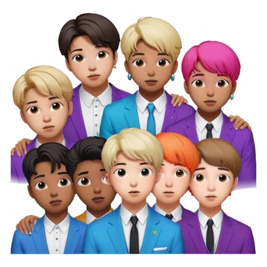 Cinematic Realistic group portrait of BTS featuring all 7 members in stylish modern attire, with detailed facial expressions and vibrant colors, captured in dynamic, contemporary lighting that emphasizes their global pop icon status sticker