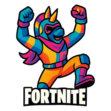 Fortnite character in a victory pose, colorful and energetic sticker
