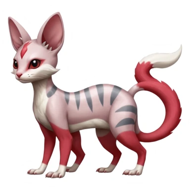 Minccino-Lykoi-Emolga-Sphynx-Zangoose-fusion-hybrid-animal-Fakémon-creature, full body, thin long sleek scaly tail, intricate markings sticker