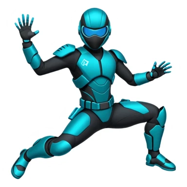 ​"Flat vector sticker, agile cyber-ninja character in a dynamic leap, teal and black tech-suit, glowing accents, die-cut white outline, isolated on white." sticker