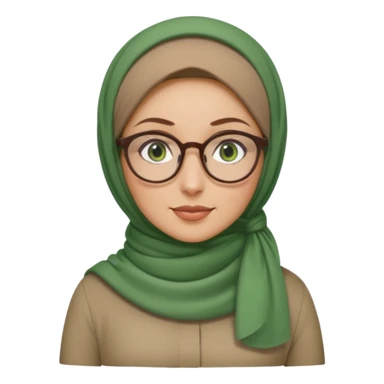 iranian woman, tight curly light brown hair in one high pony tail, glasses, green eyes, pretty, oval shape face sticker