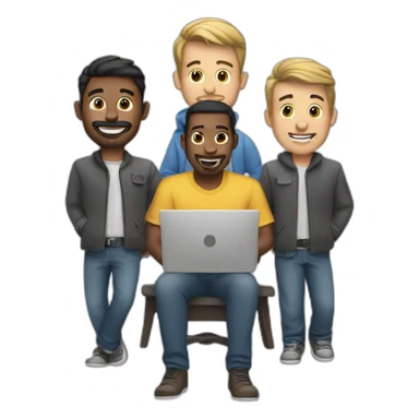 three men with a laptop sticker