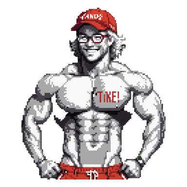 Thin man with defined muscles, black and white cap with VANOMAS text, bare torso, red shorts, clear glasses, messy light hair, flexing and smiling sticker