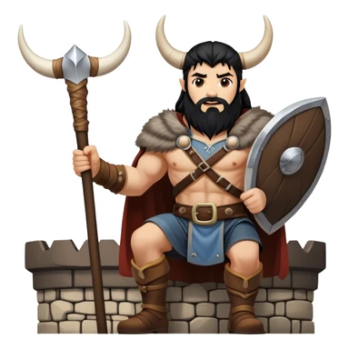 vikingo, con cuerno de vaca, pelo negro, parado en torre de Asgard. sticker