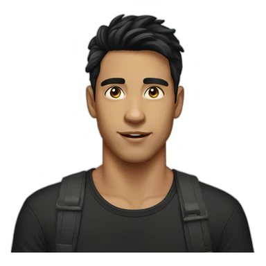 young Australian man, black hair, shaved, black tshirt sticker