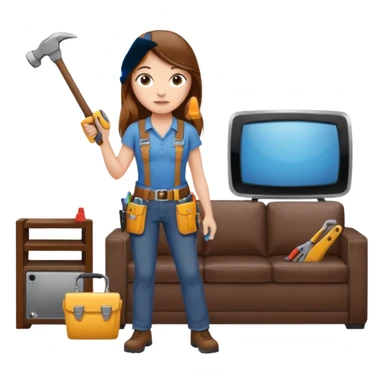 beautiful girl with long brown hair constructing new lounge room area with tv and couch sticker
