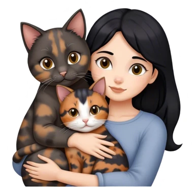 girl with black hair hugging three cats  (tortie cat, full gray cat, brown calico cat) sticker