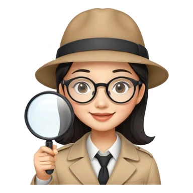 asian girl with large square rectangular black glasses smiling and wearing a detective hat holding a magnifying glass sticker
