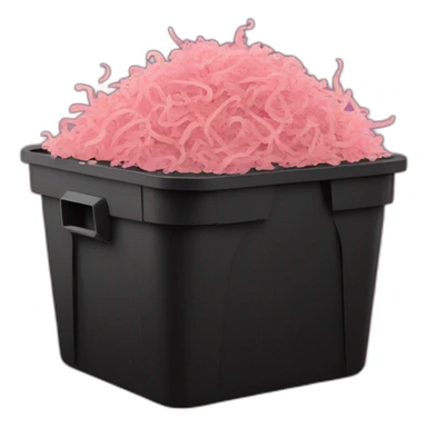 Black cubic plastic container with wood shavings and pink worms inside sticker