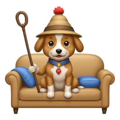 A dog that has a stick hat and a sofa shirt sticker