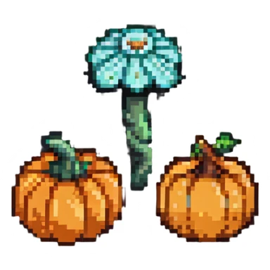heart with a small mushroom on the left and a pumpkin on the right, vibrant colors, pixel art style sticker