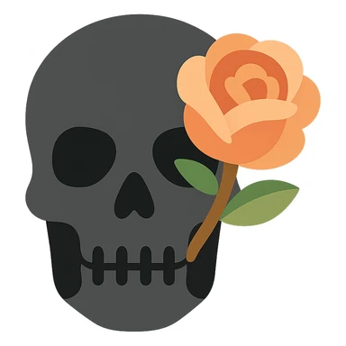 A dark, grey skull with sharp, angular features and a mysterious, haunting aura, featuring a rose delicately placed in one of its hollow eye sockets. The skull is in shades of grey, accented with soft tones of golden orange (FA9B41), forest green (4A7C5C), muted taupe brown (96775A), and pastel peach (FFCC9A). The rose, vibrant in its peach and orange hues, contrasts with the cold, eerie grey of the skull, its petals unfurling gently around the eye socket. The background is dim and shadowy, with a faint, mystical glow illuminating the skull and rose, adding to the gothic and slightly surreal atmosphere. The scene feels both haunting and beautiful, with a touch of elegance. sticker