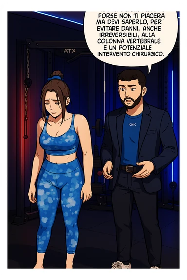 fai questa immagine in versione fumetto/manga/webtoon a colori, il manga mostra l'uomo che risponde alla donne:
Succede spesso purtroppo. 
Forse non ti piacerà ma devi saperlo, per evitare danni, anche irreversibili, alla colonna vertebrale e un potenziale intervento chirurgico. sticker