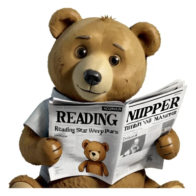 Teddy bear lifelike reading a newspaper by himself at a large luxurious round table sticker
