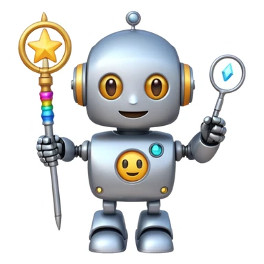 A cute robot is holding a magic wand, magic, emoji sticker