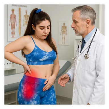 A slender woman in 4K, in a medical office, precisely indicating points of pain on hip and lumbar area to the orthopedist, both areas highlighted by redness, inspired by the reference photo. sticker