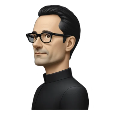 small photo realistic Ralf Hutter from Kraftwerk, short straight black hair, Dark Brown eyes, black glasses, thin, black shirt, side view, riding open top black tesla sticker
