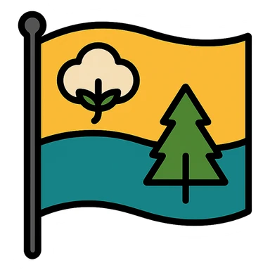 flag design featuring cotton and tree patterns, stylized, simple, clear symbolism sticker
