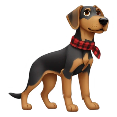adult 75% Coonhound 25% German Shepherd mix dog with visible tail wearing small pointed red buffalo plaid bandana full body walking left quickly sticker