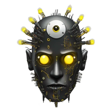 black metal cyborg head with circuitry, one artificial eyeball, and yellow Mohawk goatee sticker