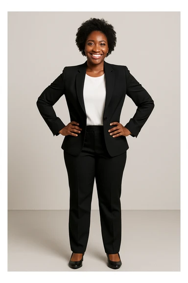 black woman in a smart suit and shoes, smiling, hands on hips, minimal background sticker