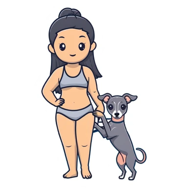 Slim Chinese woman with long black hair in pool attire at an indoor swimming pool with her Italian greyhound that is COMPLETELY and ENTIRELY solid dark grey, with ABSOLUTELY ZERO white markings anywhere on its entire body including face, nose, chest, paws - 100% uniform dark grey color only sticker