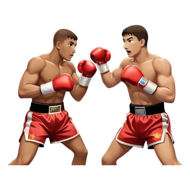  a high-stakes boxing match for the world championship title. Two professional boxers, wearing gloves and championship belts, exchange powerful punches in the center of the ring. The background features a packed arena with bright lights, a roaring crowd, and the championship banner hanging above.  sticker