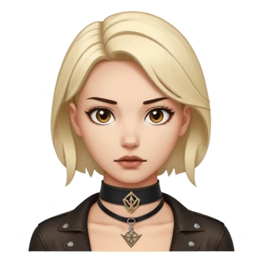 Leather choker with sigil around woman’s neck, pulse visible, dominance tone sticker