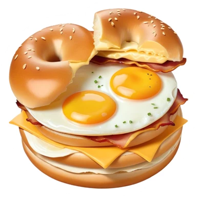 Bacon, egg, and cheese on a bagel in in a bag with a bite take it out sticker