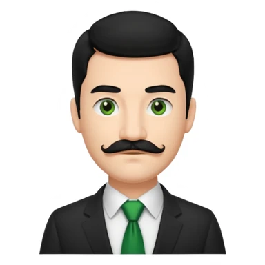 ["Fair-skinned man with black hair and a moustache, wearing a dark suit and green tie."] sticker