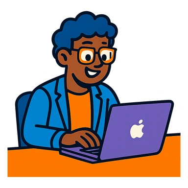 a person sitting in front of a MacBook laptop, typing, office environment, colorful cartoon style, no background sticker