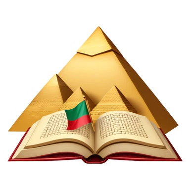An icon featuring the Pyramids of Giza and the flag of an Arabic-speaking country, symbolizing the Arabic language. The design includes an open book with Arabic script and calligraphy, representing language learning and cultural heritage. Transparent background sticker