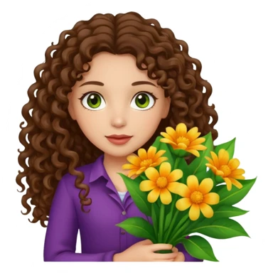 light skinned brunette long curly haired girl with green/hazel eyes holding big bright bunch of flowers. White background. sticker