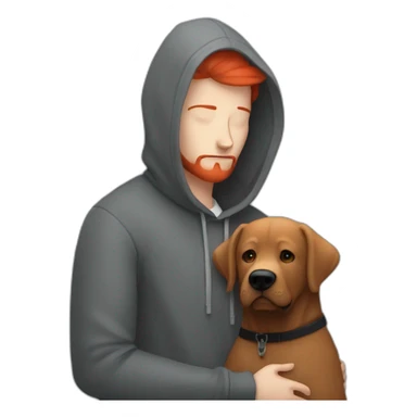 a slender man wearing grey hoodie with a red beard hug a black Labrador sticker