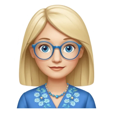 50 yr old white woman, hippie parted very long hair, short bangs, very long straight blond hair, oval face, small smile, blue eyes, thin face, hair downback, hair parted at center of head, round cheeks, pale, longer hair, business dress, long hair, big square glasses sticker