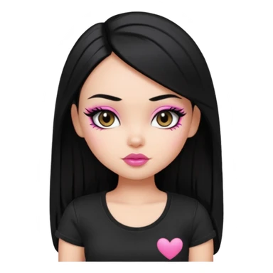 a pretty bratz girl with straight black hair wearing a black tshirt, eyeliner, side part. waist up sticker