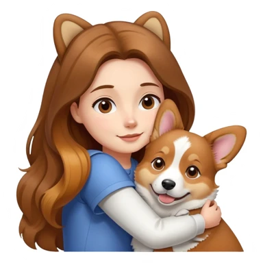 Girl with long brown hair hugs a corgi dog sticker