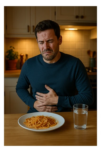 a man sits at a dining table, looking uncomfortable and holding his stomach after eating a plate of pasta. His expression shows mild pain or bloating. On the table, there’s a half-eaten plate of spaghetti, and a glass of water. The background is a cozy kitchen, but the focus is on the man’s discomfort.
 sticker