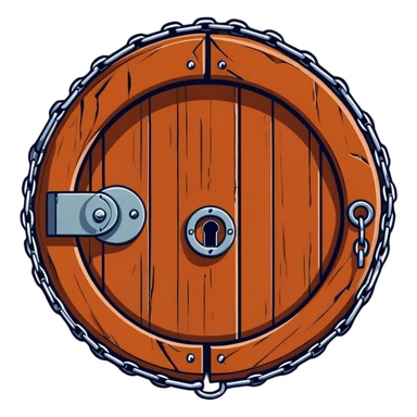 A rusty chain wrapped tightly around a round wooden hobbit-style door with a large padlock sticker