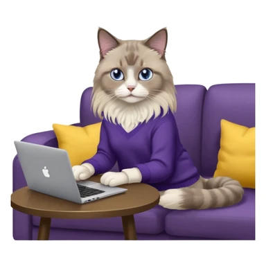 a cute blue eyed brown and white ragdoll cat with white paws and brown and beige tail wearing the dark violet sweater with yellow letteting "Milena" sitting on the grey sofa with grey laptop and drinking coffee sticker