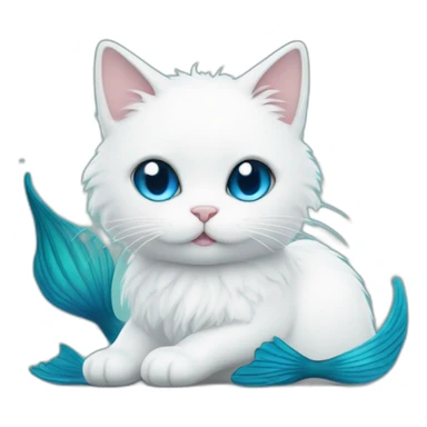 white fluffy cat with big blue mermaid fish tail sticker